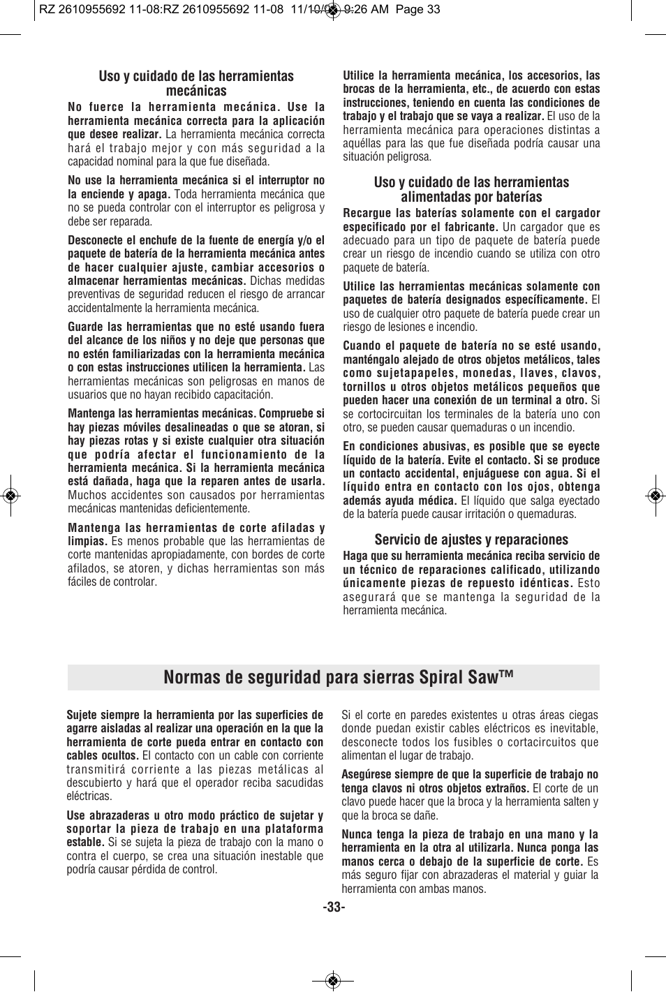 Normas de seguridad para sierras spiral saw | RotoZip CR18L User Manual | Page 33 / 48