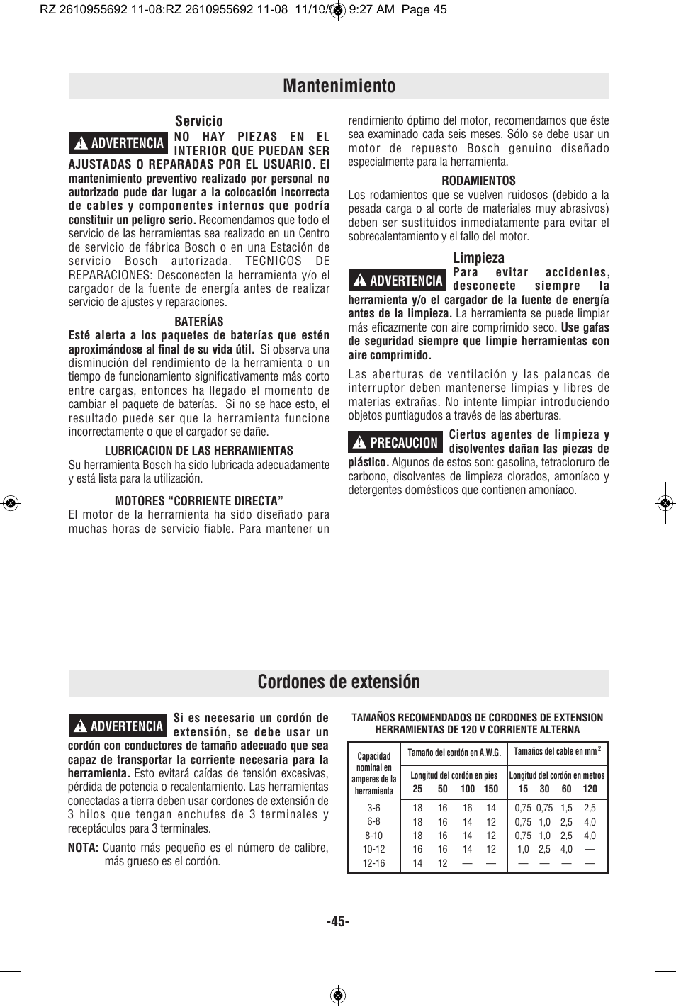 Mantenimiento, Cordones de extensión, Servicio | Limpieza | RotoZip CR18L User Manual | Page 45 / 48