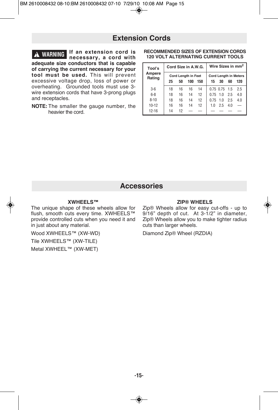 Extension cords accessories, Warning | RotoZip RFS1000 User Manual | Page 15 / 44