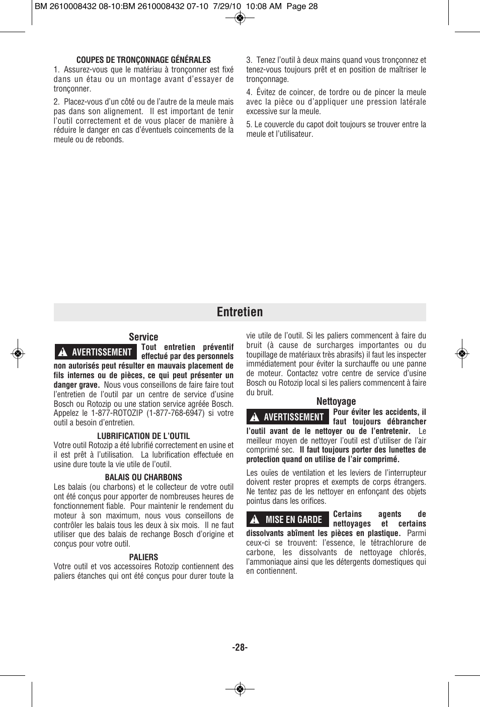 Entretien | RotoZip RFS1000 User Manual | Page 28 / 44