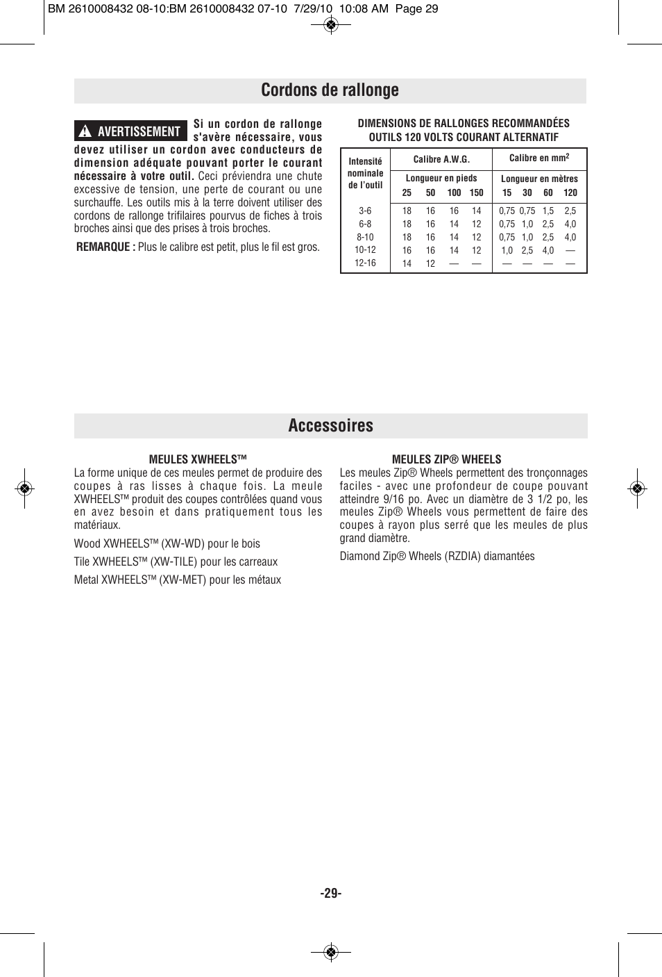 Accessoires, Cordons de rallonge, Avertissement | RotoZip RFS1000 User Manual | Page 29 / 44