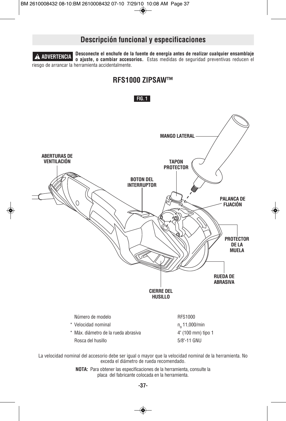 Descripción funcional y especificaciones, Rfs1000 zipsaw | RotoZip RFS1000 User Manual | Page 37 / 44