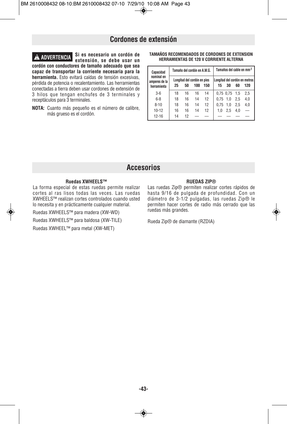 Cordones de extensión, Accesorios, Advertencia | RotoZip RFS1000 User Manual | Page 43 / 44