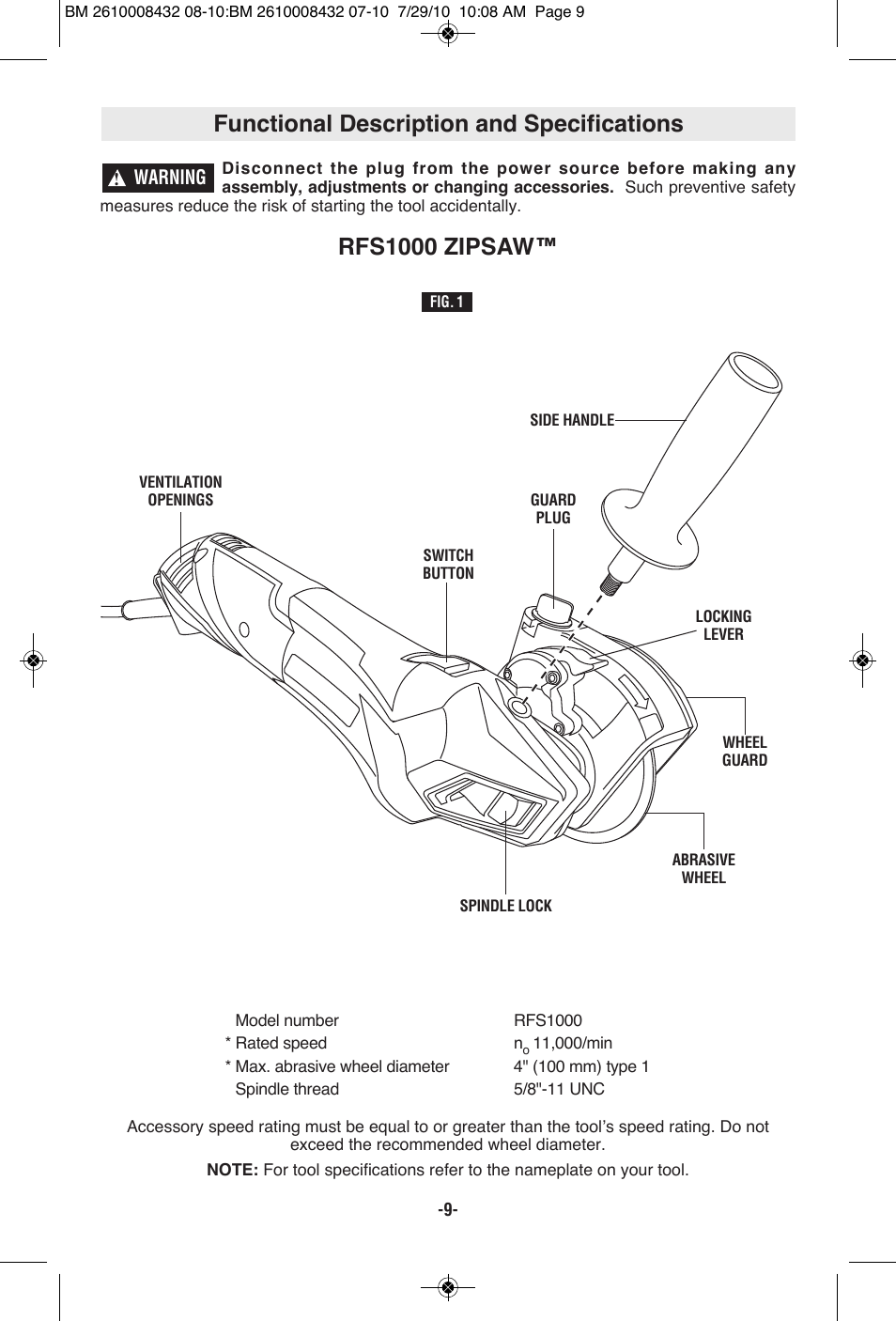 Functional description and specifications, Rfs1000 zipsaw | RotoZip RFS1000 User Manual | Page 9 / 44