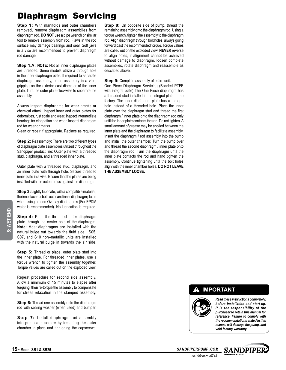 Diaphragm servicing, Important, Model specific | SANDPIPER SB25 User Manual | Page 18 / 21