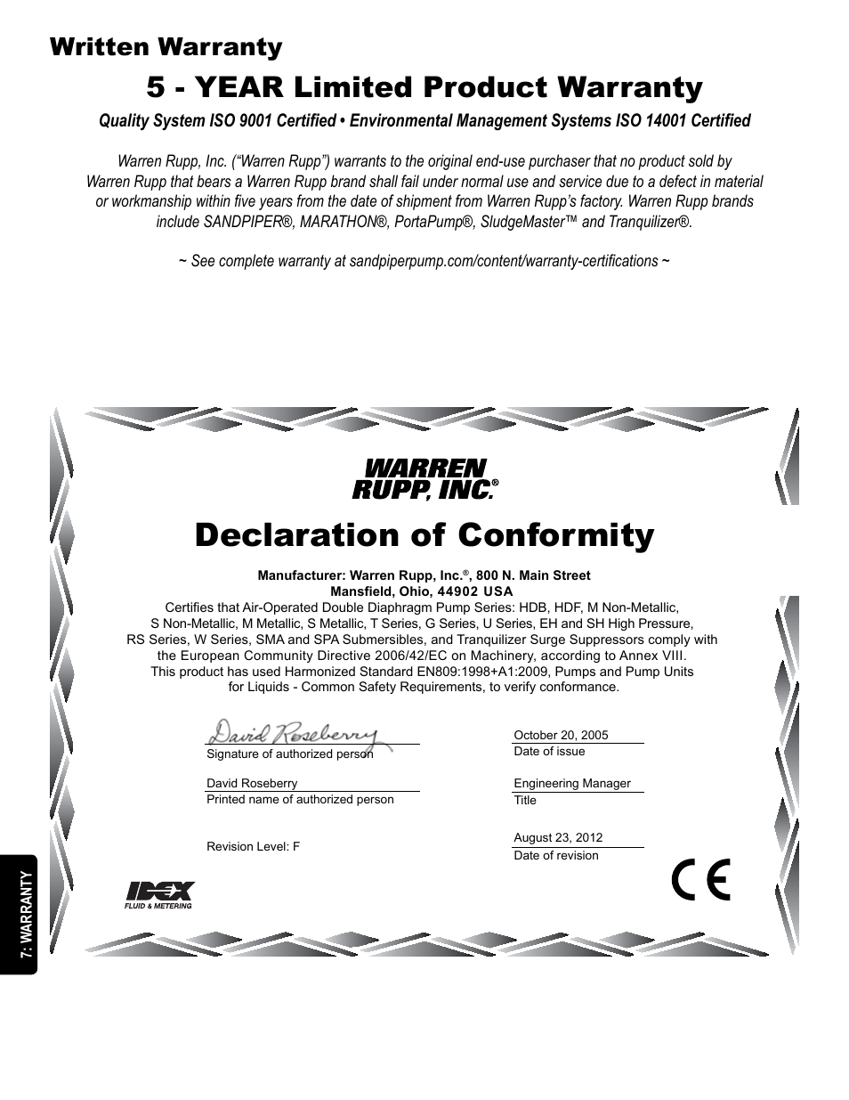 Declaration of conformity, 5 - year limited product warranty, Written warranty | SANDPIPER SB25 User Manual | Page 20 / 21