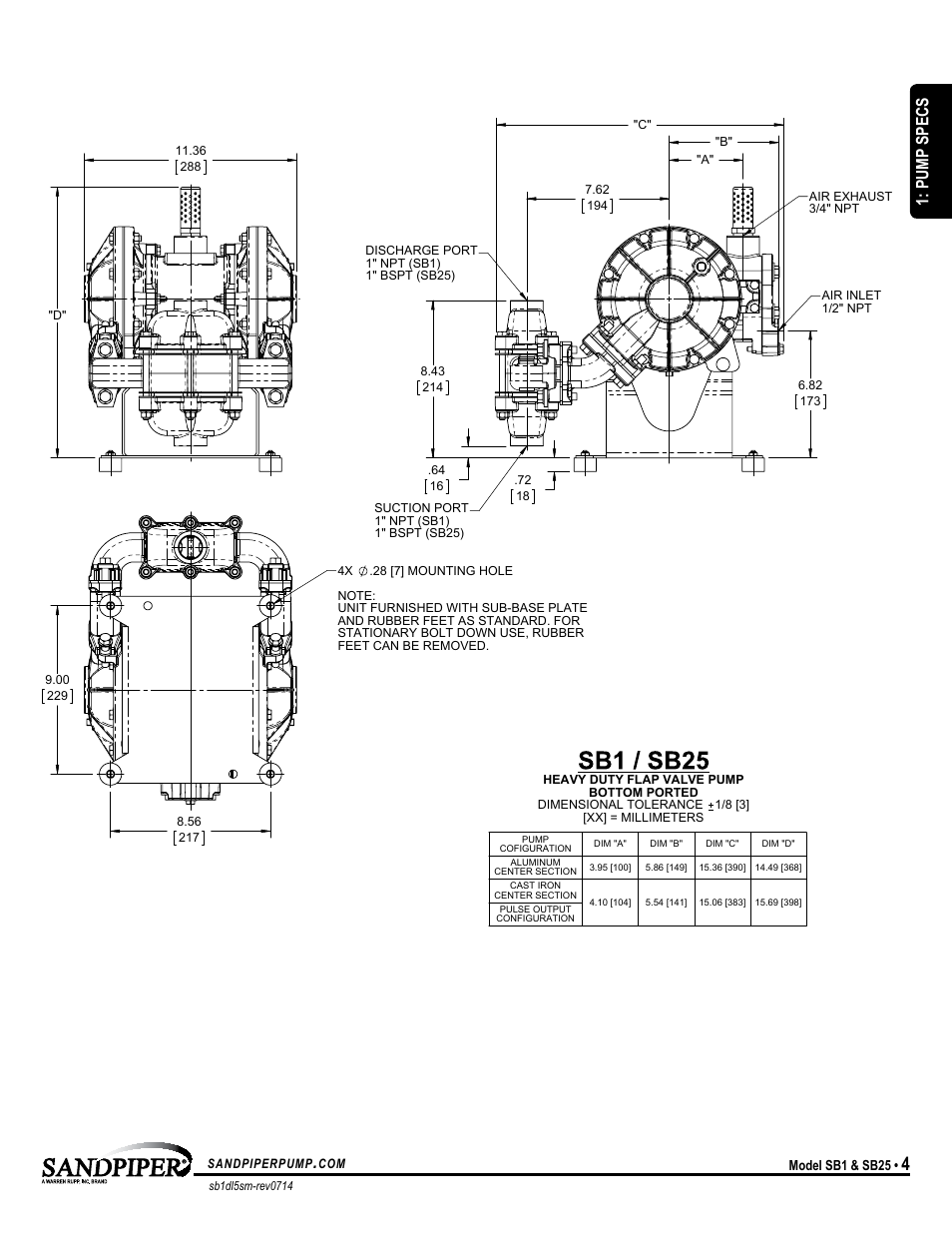 Universal all aodd, Pump specs | SANDPIPER SB25 User Manual | Page 7 / 21