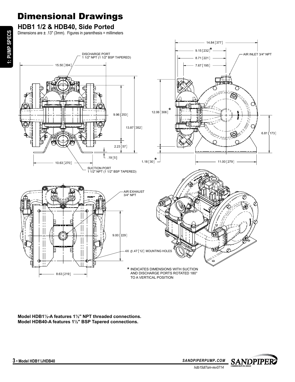 Dimensional drawings, Model specific, Pump specs | SANDPIPER HDB40 User Manual | Page 6 / 19