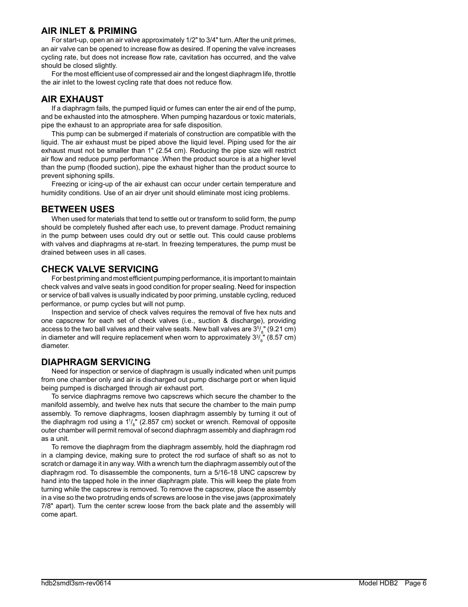 Air inlet & priming, Air exhaust, Between uses | Check valve servicing, Diaphragm servicing | SANDPIPER HDB2 User Manual | Page 8 / 21