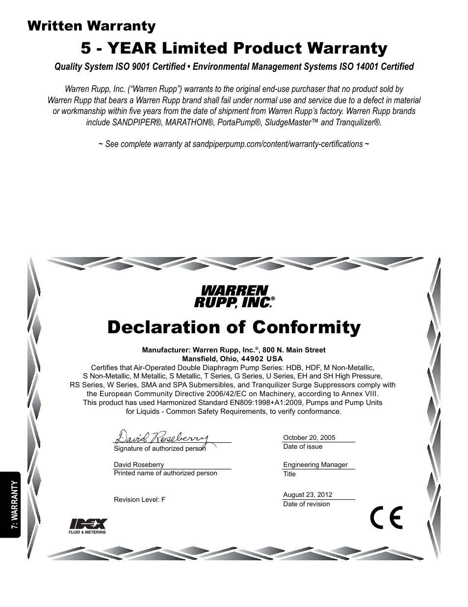 Declaration of conformity, 5 - year limited product warranty, Written warranty | SANDPIPER HDB4 User Manual | Page 20 / 21