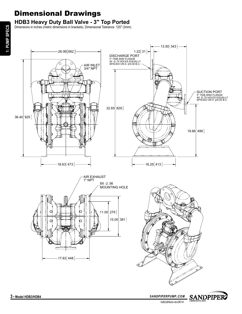 Dimensional drawings, Hdb3 heavy duty ball valve - 3" top ported, Model specific | SANDPIPER HDB4 User Manual | Page 6 / 21