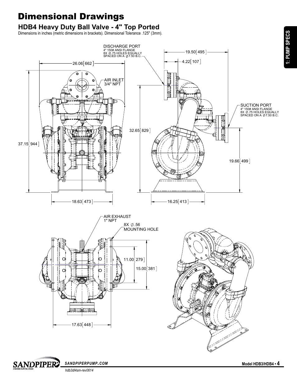 Dimensional drawings, Hdb4 heavy duty ball valve - 4" top ported, Pump specs | SANDPIPER HDB4 User Manual | Page 7 / 21