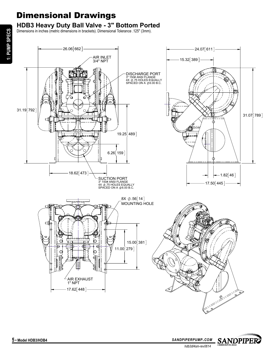 Dimensional drawings, Hdb3 heavy duty ball valve - 3" bottom ported, Pump specs | SANDPIPER HDB4 User Manual | Page 8 / 21