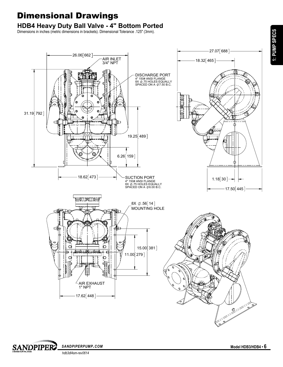 Dimensional drawings, Hdb4 heavy duty ball valve - 4" bottom ported, Pump specs | SANDPIPER HDB4 User Manual | Page 9 / 21