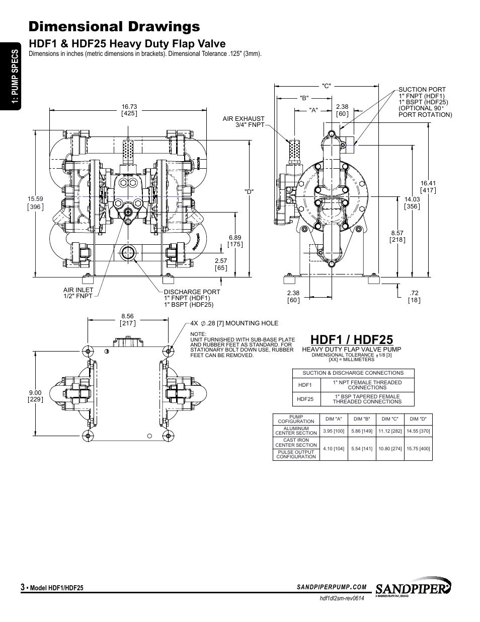 Dimensional drawings, Hdf1 / hdf25, Hdf1 & hdf25 heavy duty flap valve | Model specific, Pump specs | SANDPIPER HDF25 User Manual | Page 6 / 19
