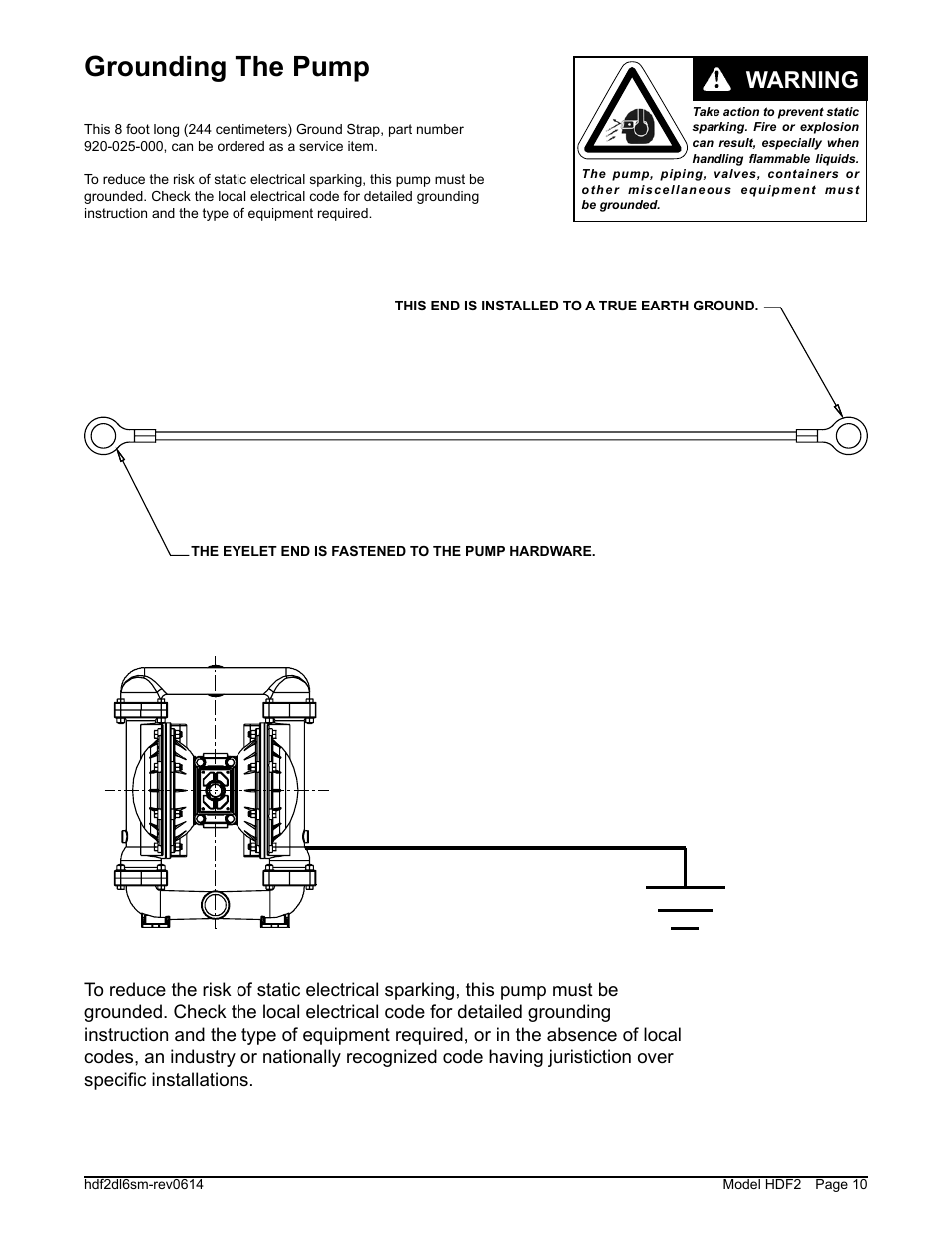 Grounding the pump, Warning | SANDPIPER HDF2 User Manual | Page 12 / 20