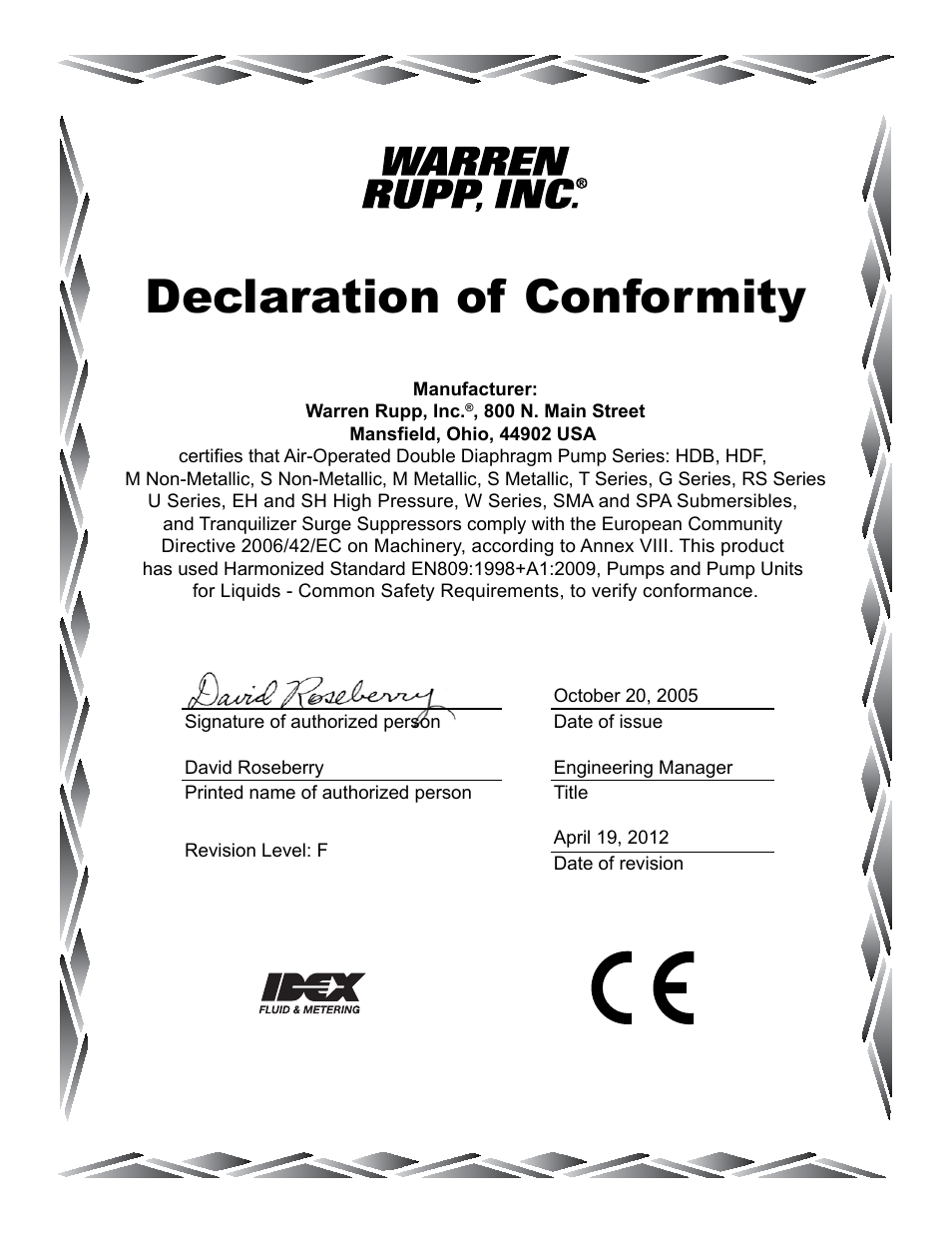 Declaration of conformity | SANDPIPER HDF4-A User Manual | Page 17 / 19