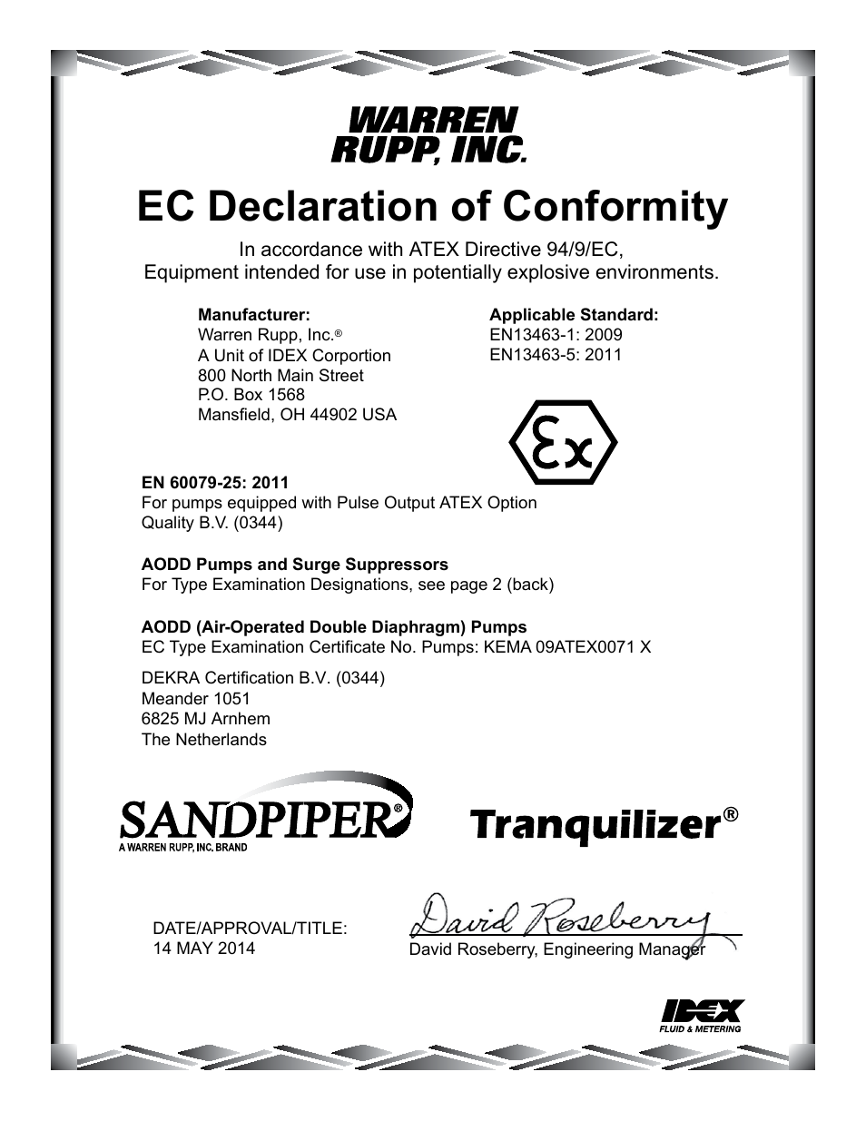 Ec declaration of conformity | SANDPIPER HDF4-A User Manual | Page 18 / 19