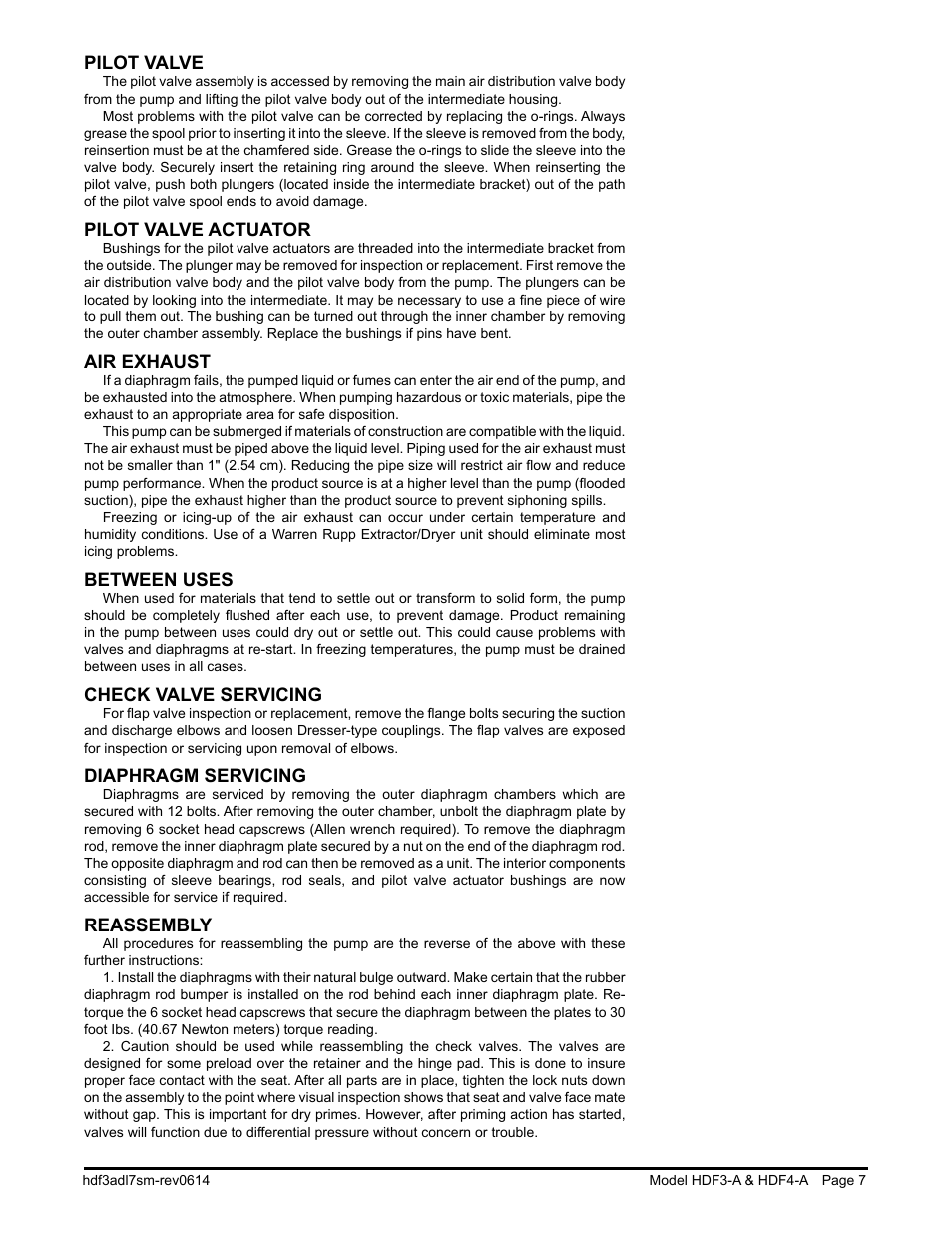 Pilot valve, Pilot valve actuator, Air exhaust | Between uses, Check valve servicing, Diaphragm servicing, Reassembly | SANDPIPER HDF4-A User Manual | Page 9 / 19