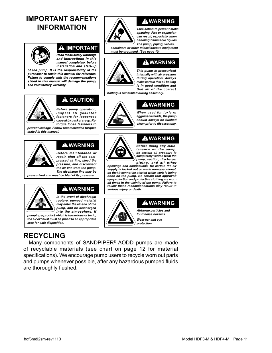 Important safety information, Recycling, Warning | Caution, Warning important, Many components of sandpiper | SANDPIPER HDF4-M User Manual | Page 13 / 20