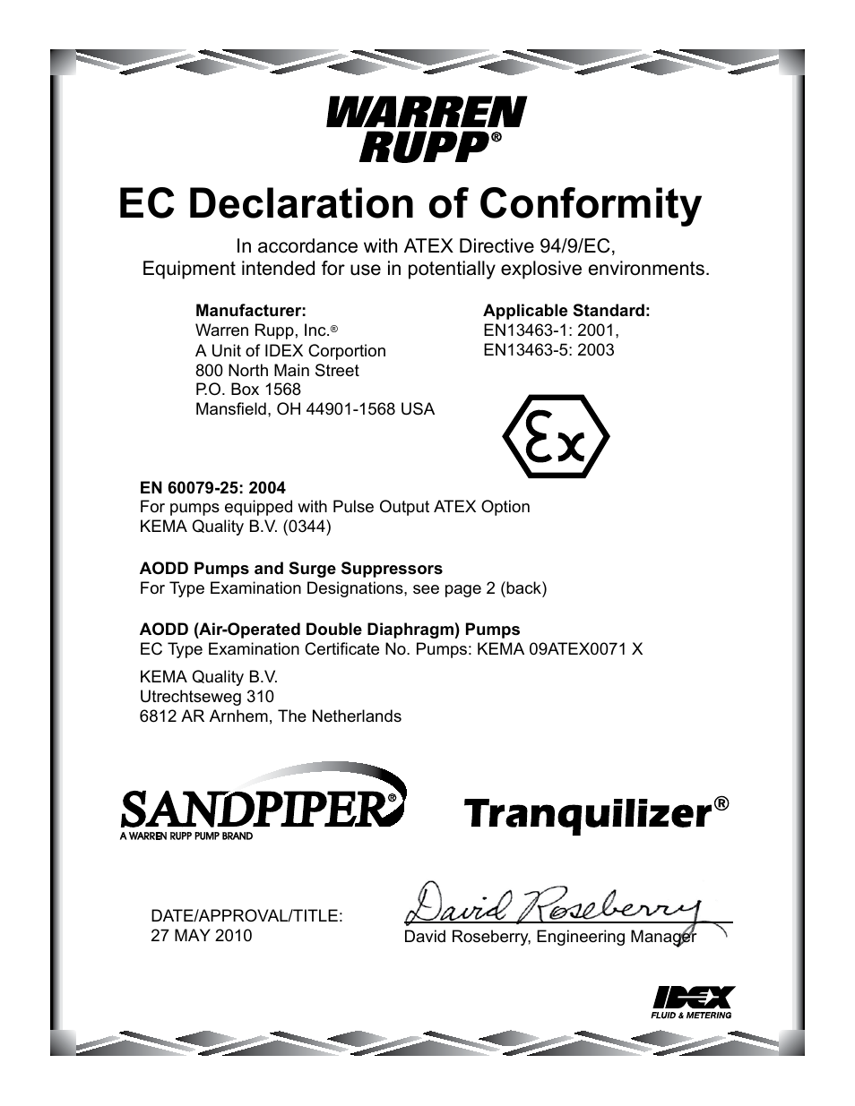 Ec declaration of conformity | SANDPIPER HDF4-M User Manual | Page 19 / 20