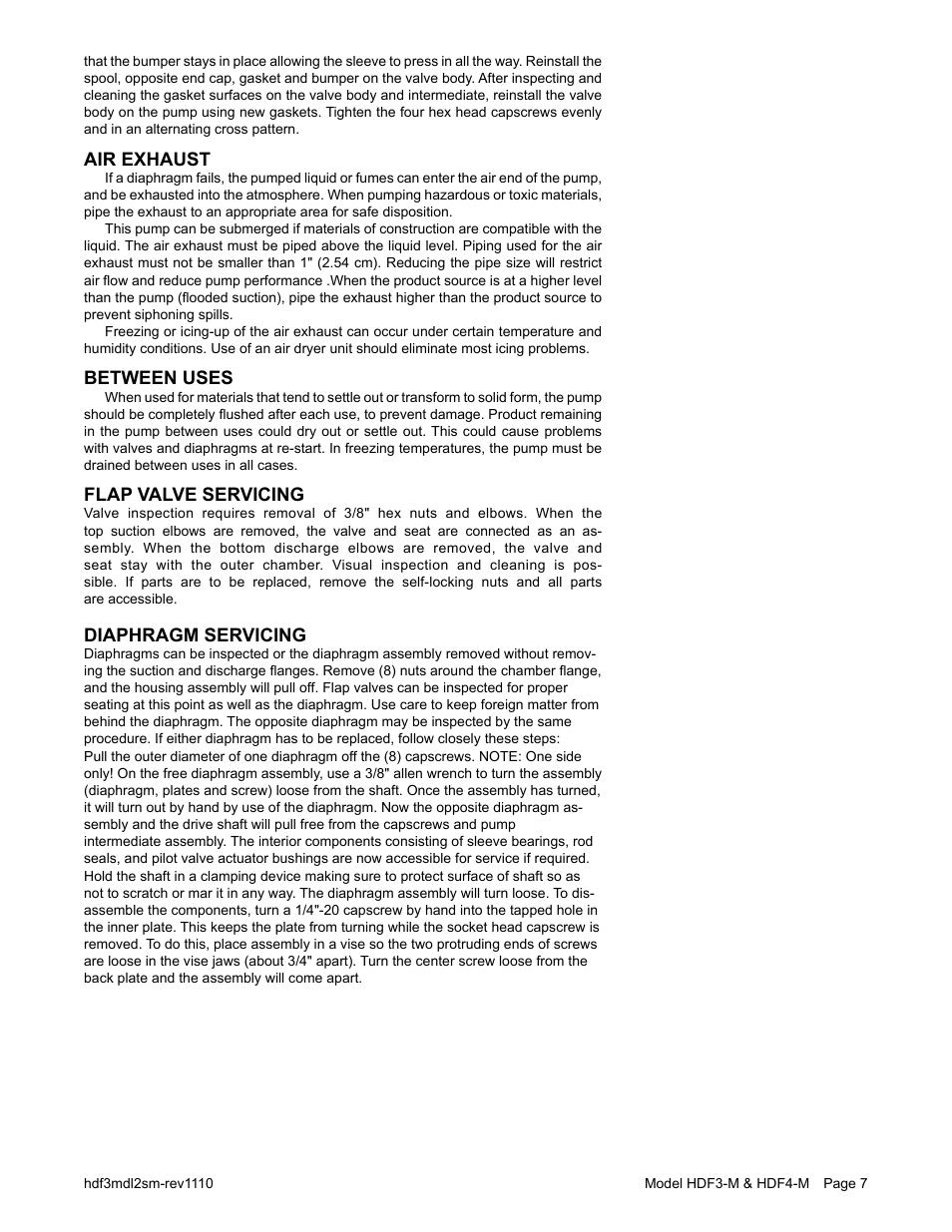 Air exhaust, Between uses, Flap valve servicing | Diaphragm servicing | SANDPIPER HDF4-M User Manual | Page 9 / 20