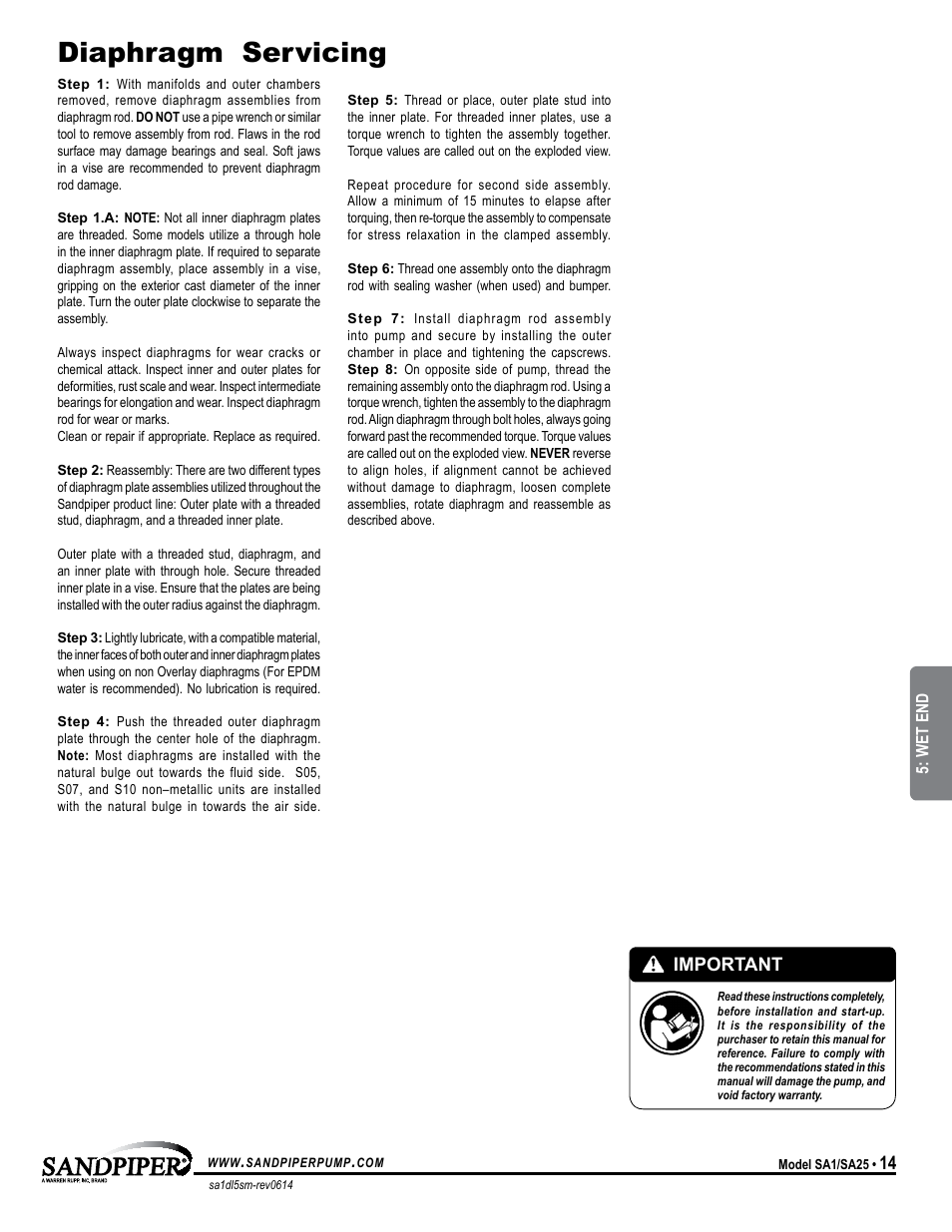 Pilot valve assembly, Diaphragm servicing, Important | Universal all sp | SANDPIPER SA25 User Manual | Page 17 / 19