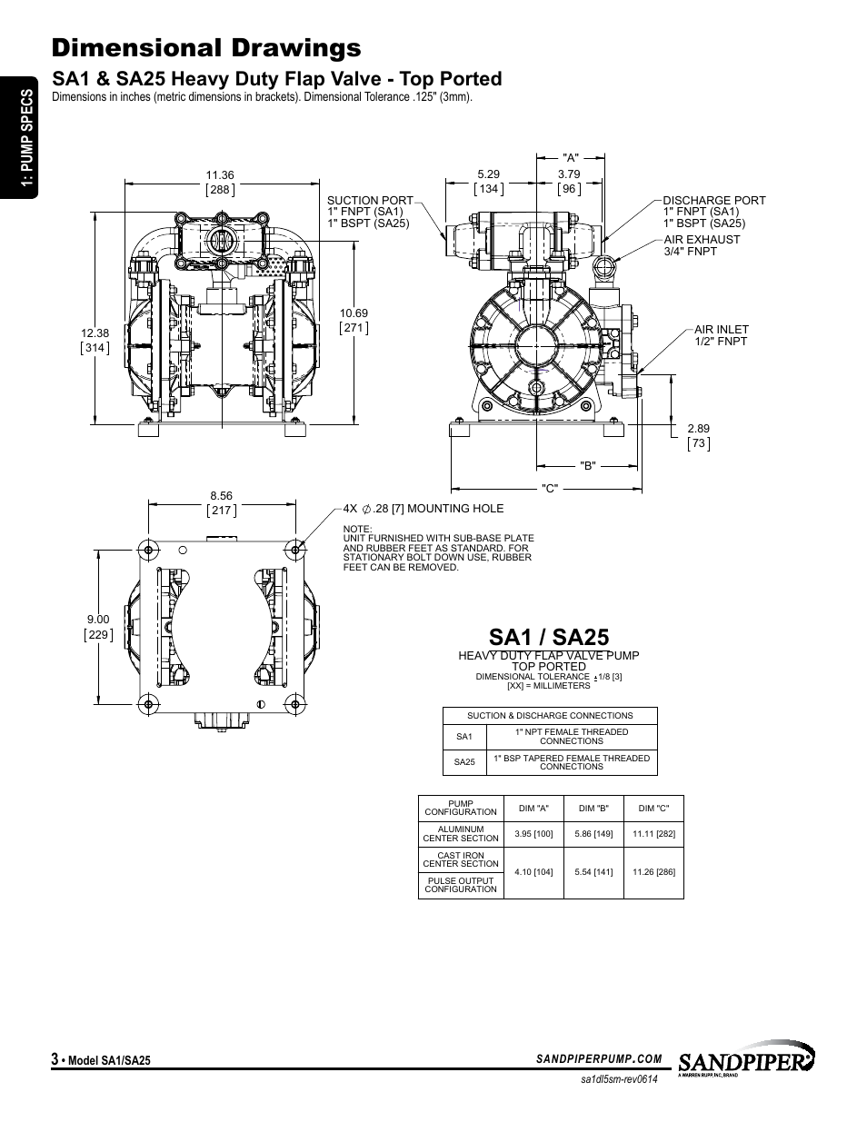 Dimensional drawings, Sa1 / sa25, Sa1 & sa25 heavy duty flap valve - top ported | Model specific, Pump specs | SANDPIPER SA25 User Manual | Page 6 / 19
