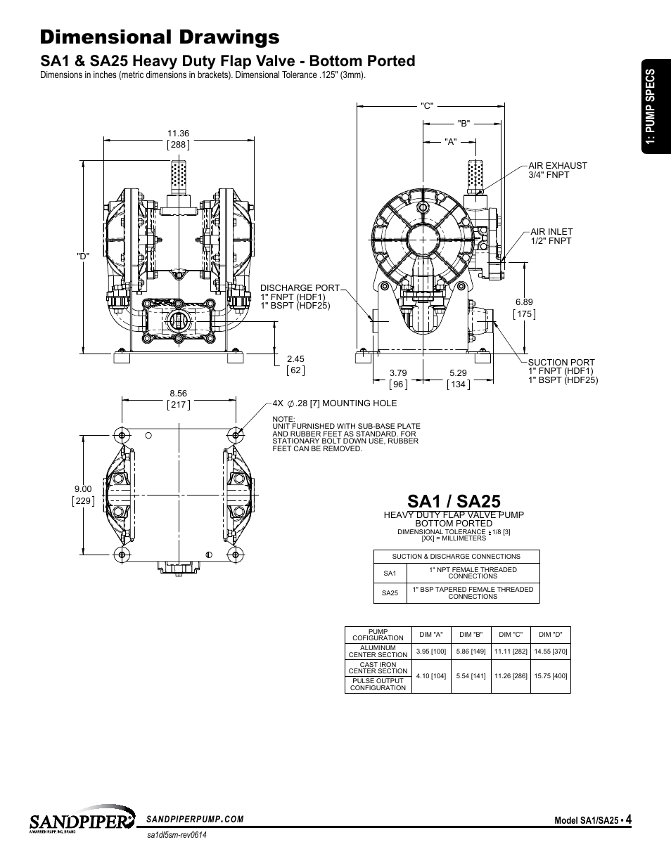 Dimensional drawings, Sa1 / sa25, Sa1 & sa25 heavy duty flap valve - bottom ported | Pump specs | SANDPIPER SA25 User Manual | Page 7 / 19
