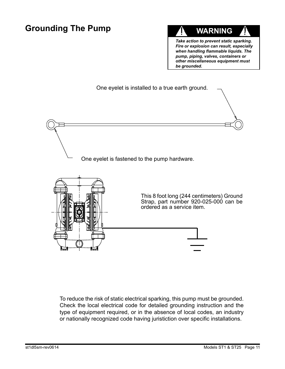 Grounding the pump, Warning | SANDPIPER ST25 User Manual | Page 13 / 20