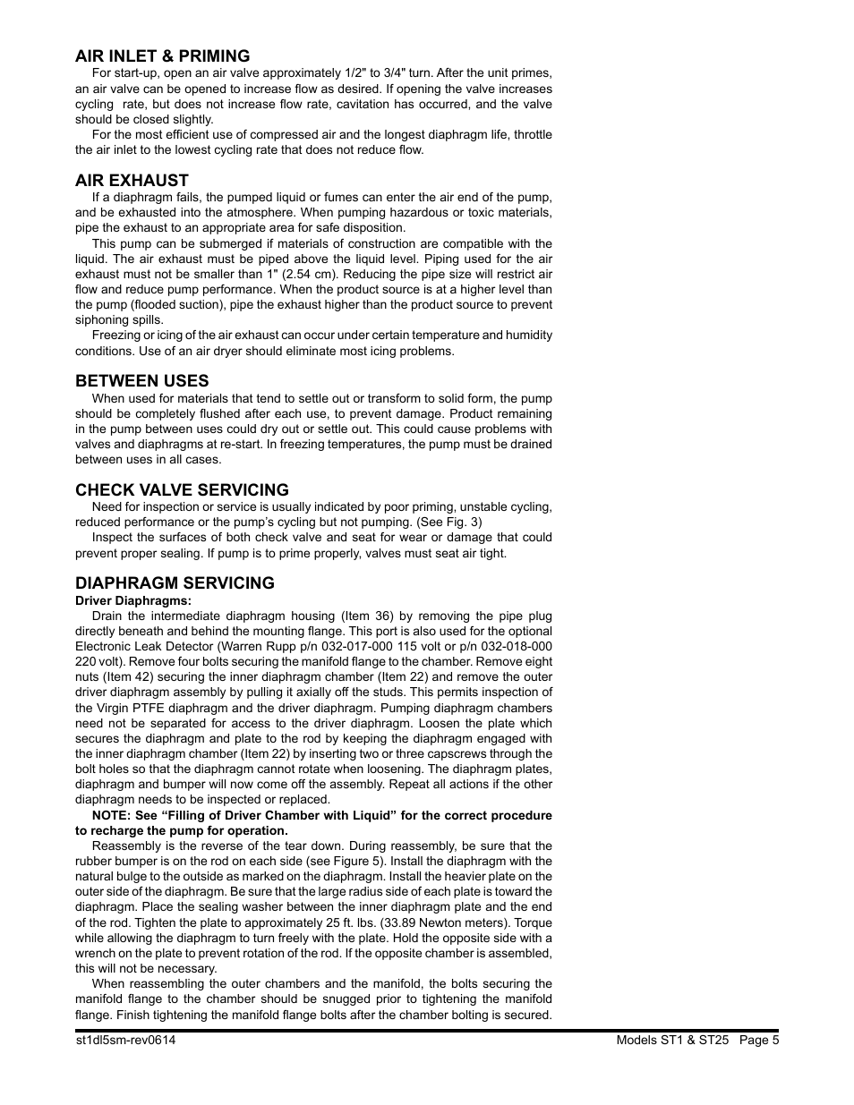 Air inlet & priming, Air exhaust, Between uses | Check valve servicing, Diaphragm servicing | SANDPIPER ST25 User Manual | Page 7 / 20