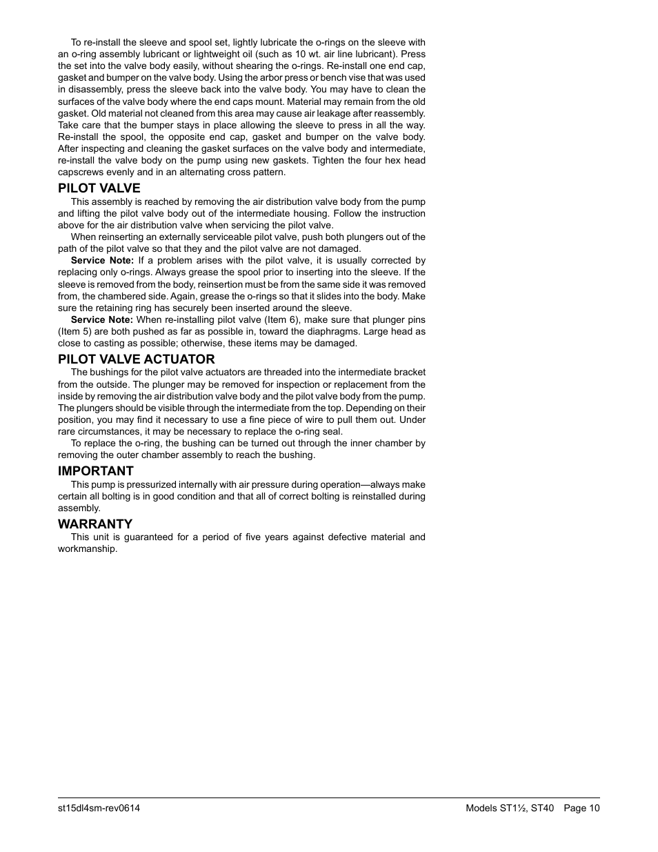 Pllot valve, Pilot valve actuator, Important | Warranty | SANDPIPER ST40 User Manual | Page 12 / 21