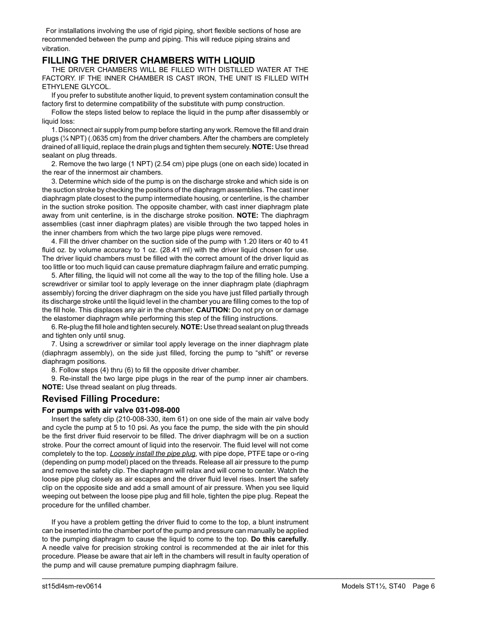 Filling the driver chambers with liquid, Revised filling procedure | SANDPIPER ST40 User Manual | Page 8 / 21