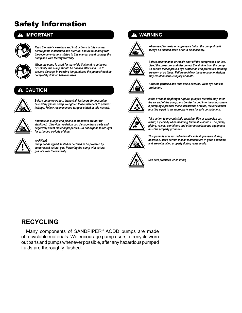 Safety information, Recycling, Many components of sandpiper | Caution warning | SANDPIPER ET User Manual | Page 12 / 14