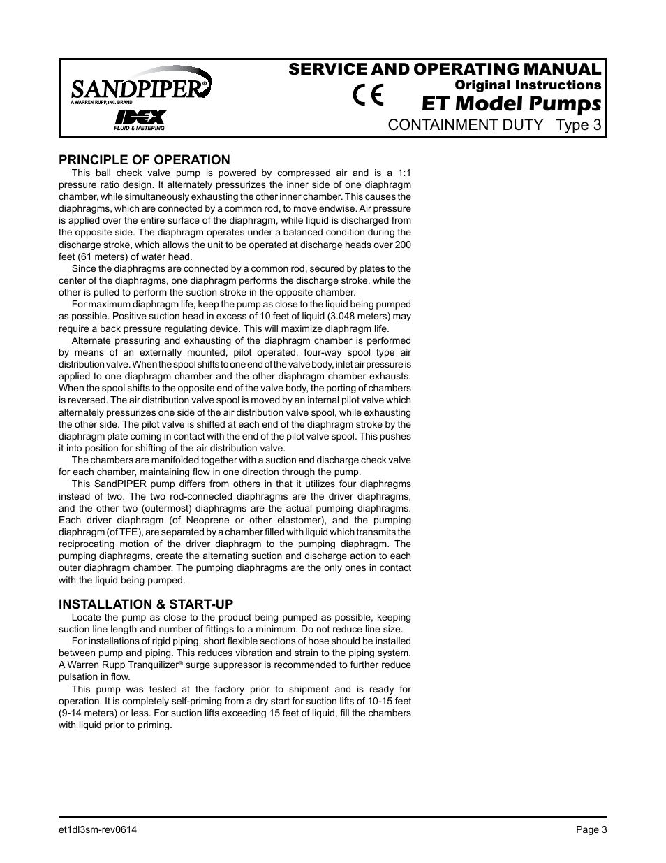 Et1-m, Et model pumps, Containment duty | Service and operating manual, Containment duty type 3, Principle of operation, Installation & start-up, Original instructions | SANDPIPER ET User Manual | Page 4 / 14