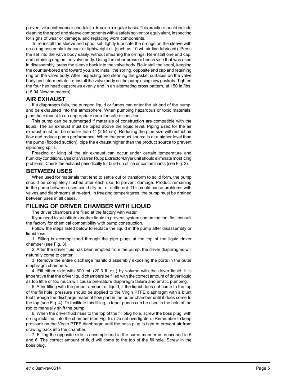 Air exhaust, Between uses, Filling of driver chamber with liquid | SANDPIPER ET User Manual | Page 6 / 14