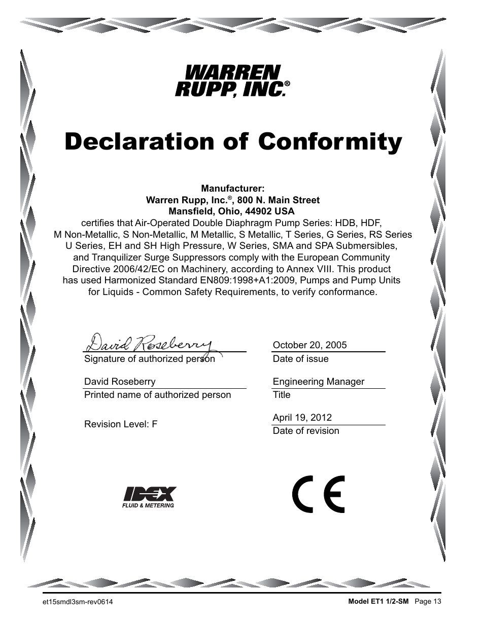 Declaration of conformity | SANDPIPER ET1 1/2 - SM User Manual | Page 14 / 14