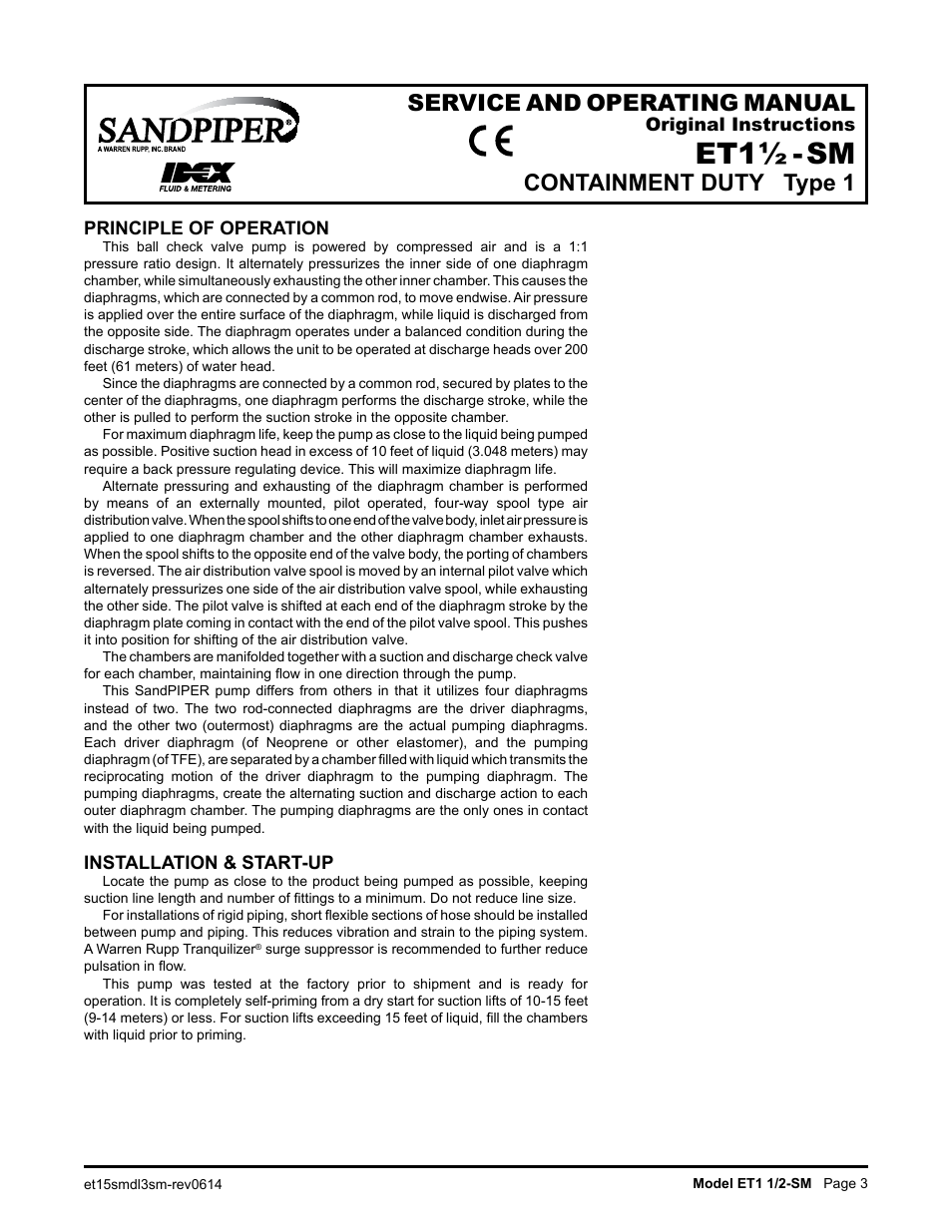 Et1½-sm, Containment duty, Principle of operation | Installation & start-up, Original instructions | SANDPIPER ET1 1/2 - SM User Manual | Page 4 / 14