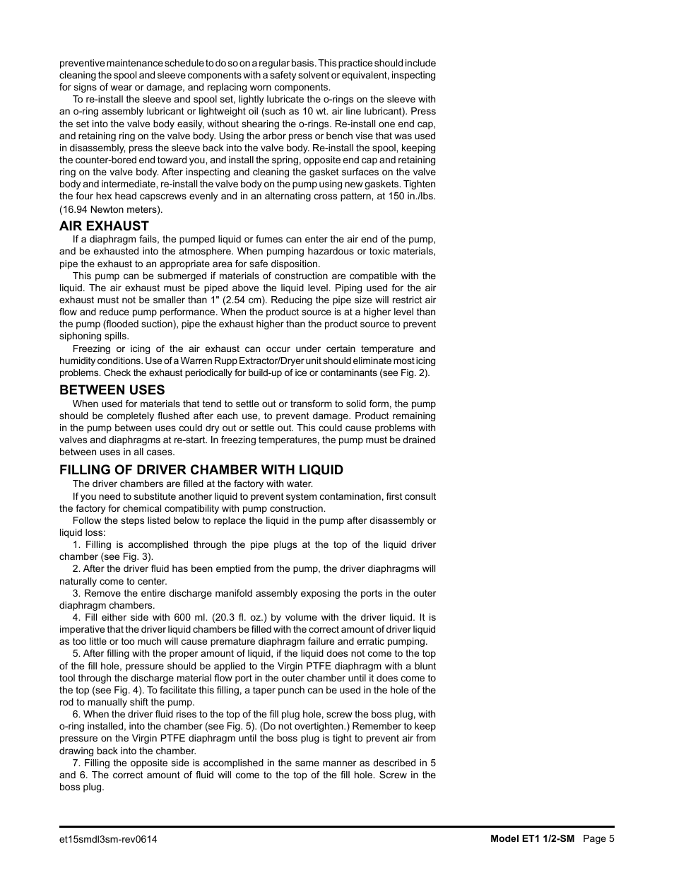 Air exhaust, Between uses, Filling of driver chamber with liquid | SANDPIPER ET1 1/2 - SM User Manual | Page 6 / 14