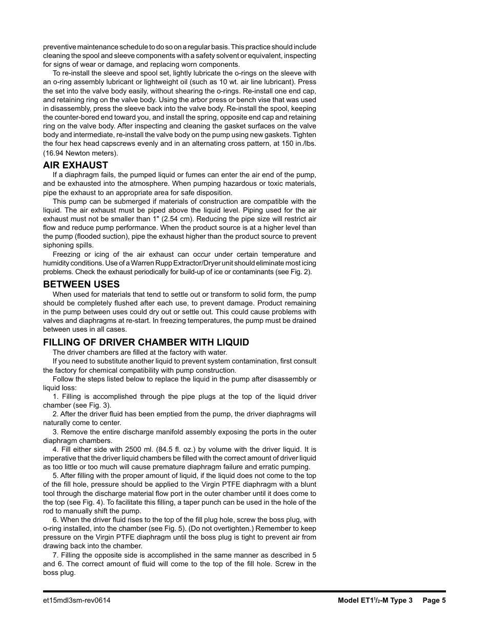 Air exhaust, Between uses, Filling of driver chamber with liquid | SANDPIPER ET1 1/2 - M User Manual | Page 6 / 14