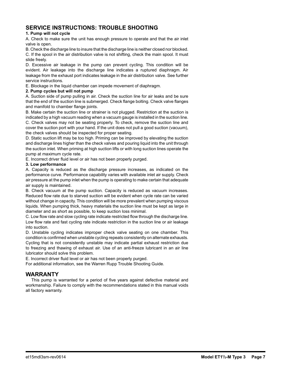 Service instructions: trouble shooting, Warranty | SANDPIPER ET1 1/2 - M User Manual | Page 8 / 14