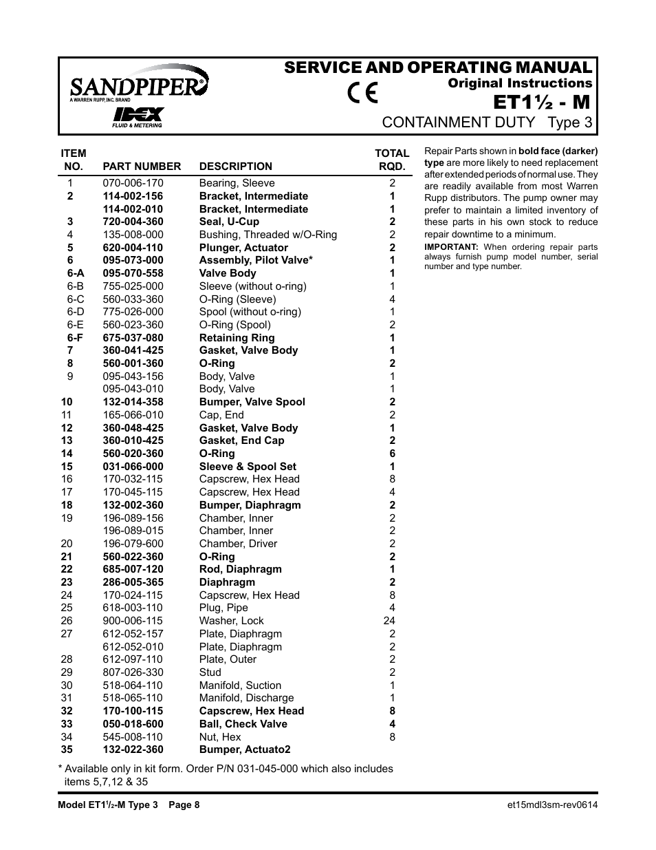 Et1½ - m, Service and operating manual, Containment duty type 3 | SANDPIPER ET1 1/2 - M User Manual | Page 9 / 14