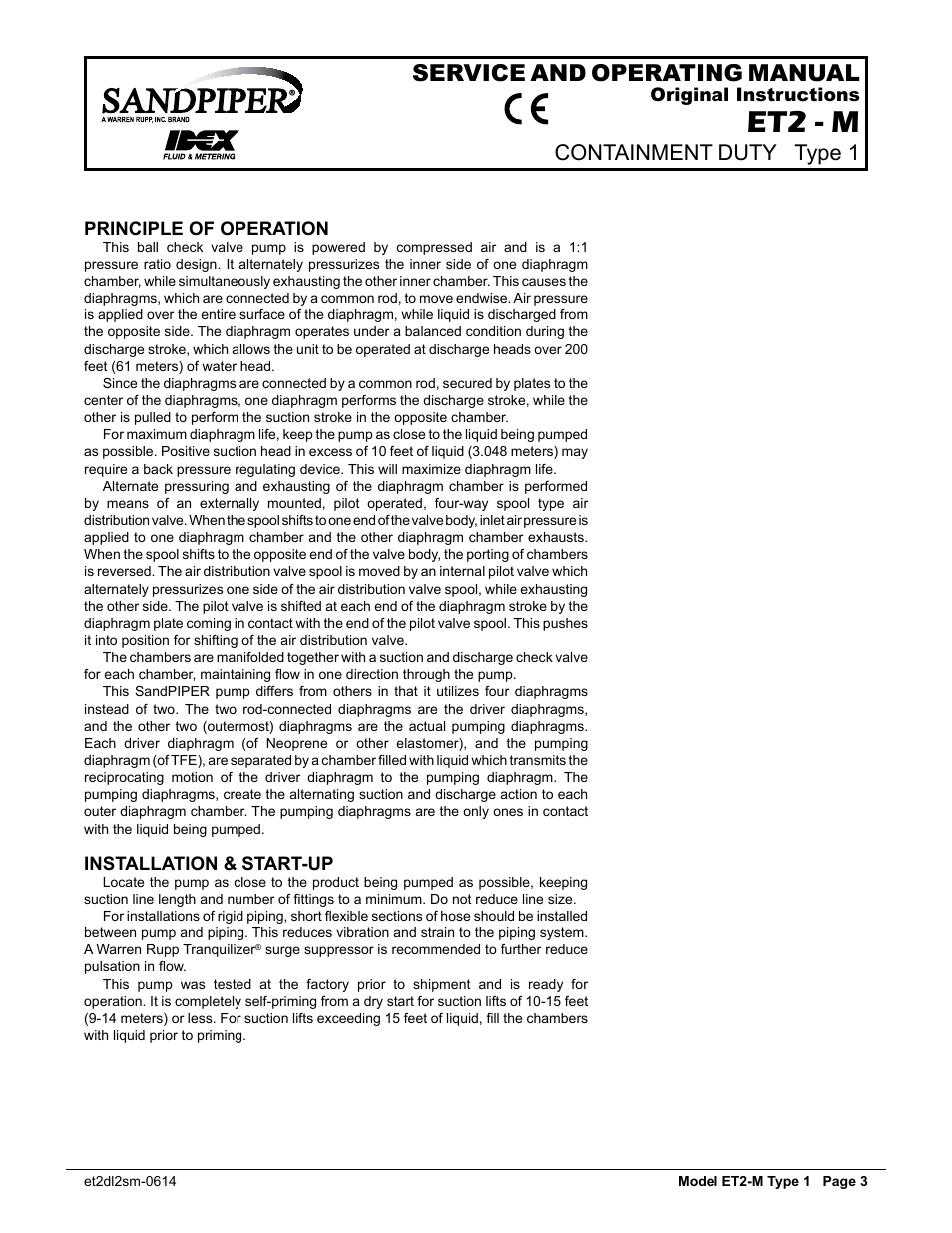 Et2 - m, Containment duty, Service and operating manual | Containment duty type 1, Original instructions principle of operation, Installation & start-up | SANDPIPER ET2 - M User Manual | Page 4 / 14