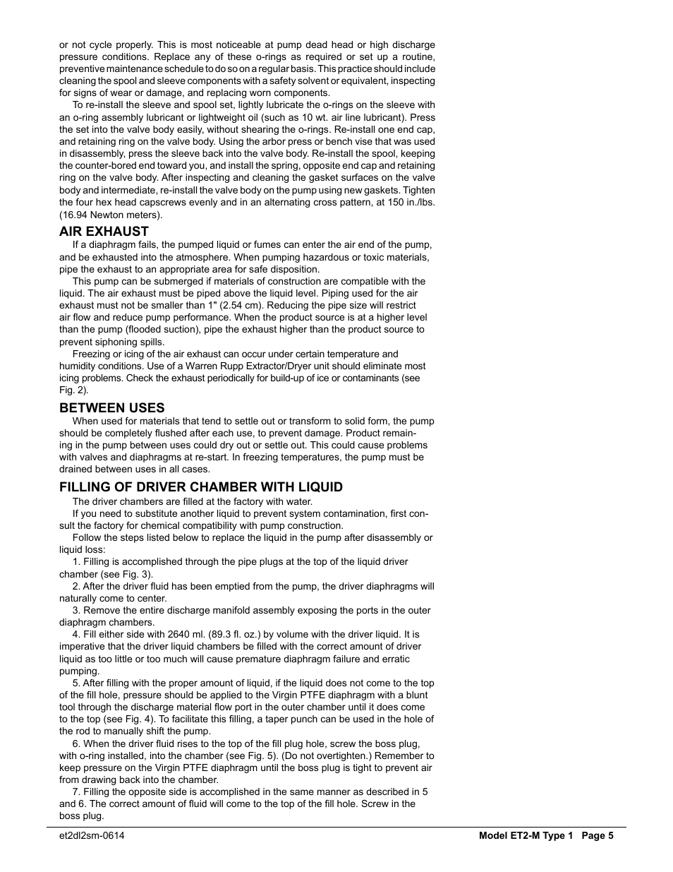 Air exhaust, Between uses, Filling of driver chamber with liquid | SANDPIPER ET2 - M User Manual | Page 6 / 14