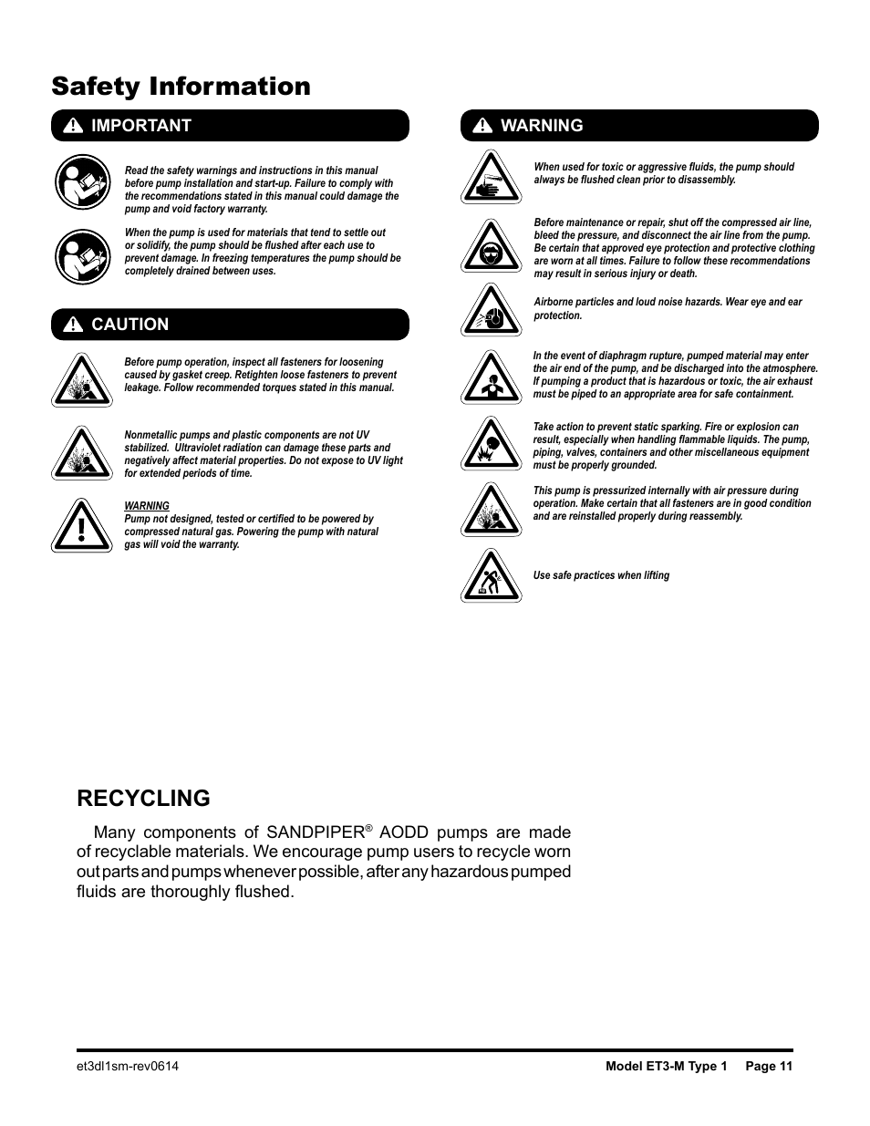 Safety information, Recycling, Many components of sandpiper | Caution warning | SANDPIPER ET3 - M User Manual | Page 12 / 14