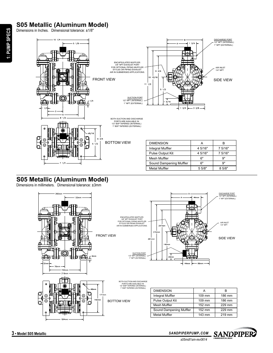 S05 metallic (aluminum model), Pump specs, Model s05 metallic | Dimensions in inches. dimensional tolerance: ±1/8 | SANDPIPER S05 Metallic User Manual | Page 6 / 25
