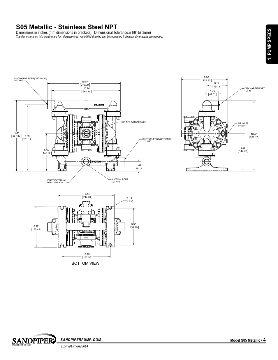 S05 metallic - stainless steel npt, Pump specs, Model s05 metallic | Sandpiperpump, Bottom view | SANDPIPER S05 Metallic User Manual | Page 7 / 25