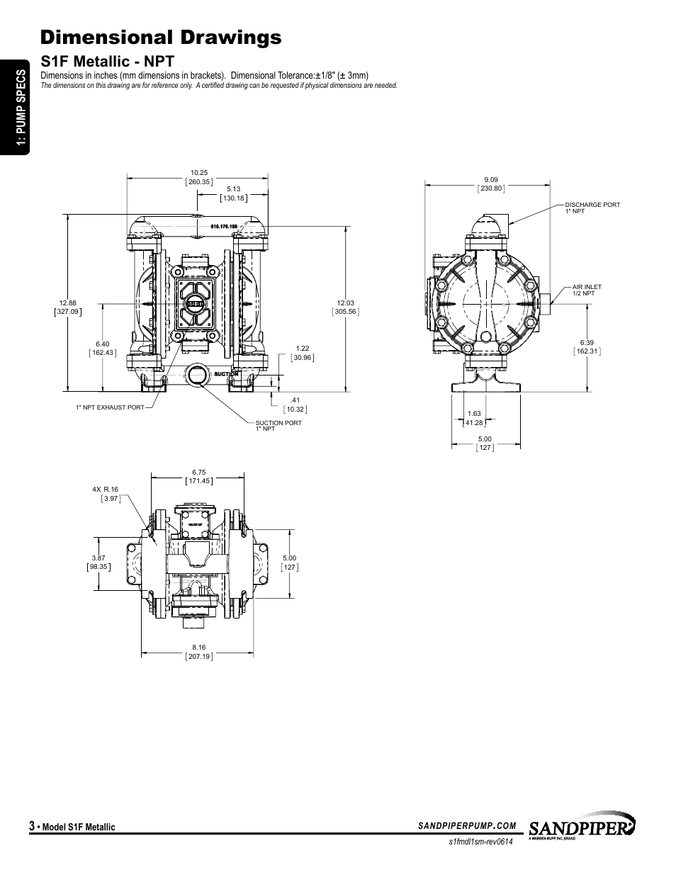 Dimensional drawings, S1f metallic - npt, Pump specs | Model s1f metallic | SANDPIPER S1F Metallic User Manual | Page 6 / 25