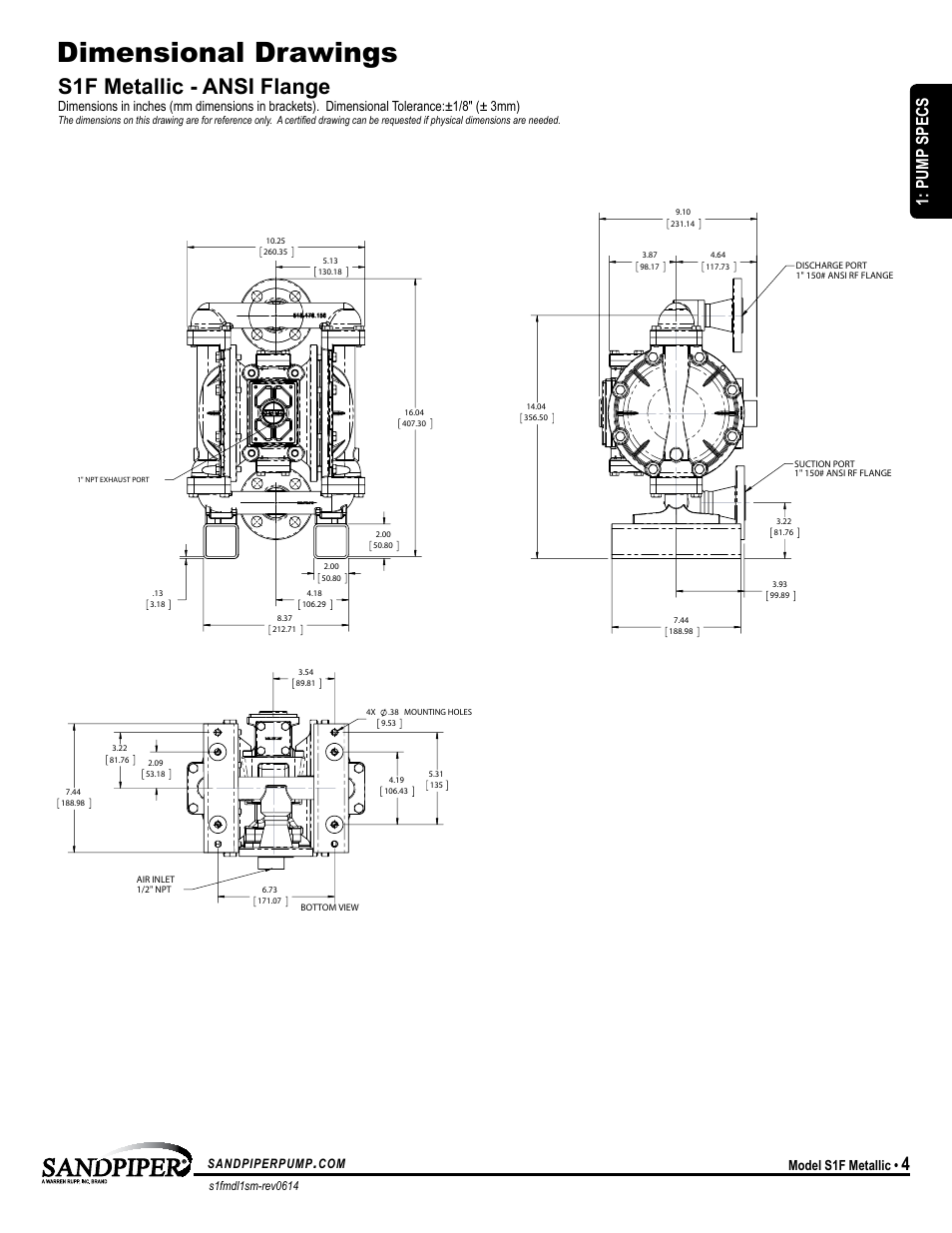 Dimensional drawings, S1f metallic - ansi flange, Pump specs | Model s1f metallic, Sandpiperpump | SANDPIPER S1F Metallic User Manual | Page 7 / 25