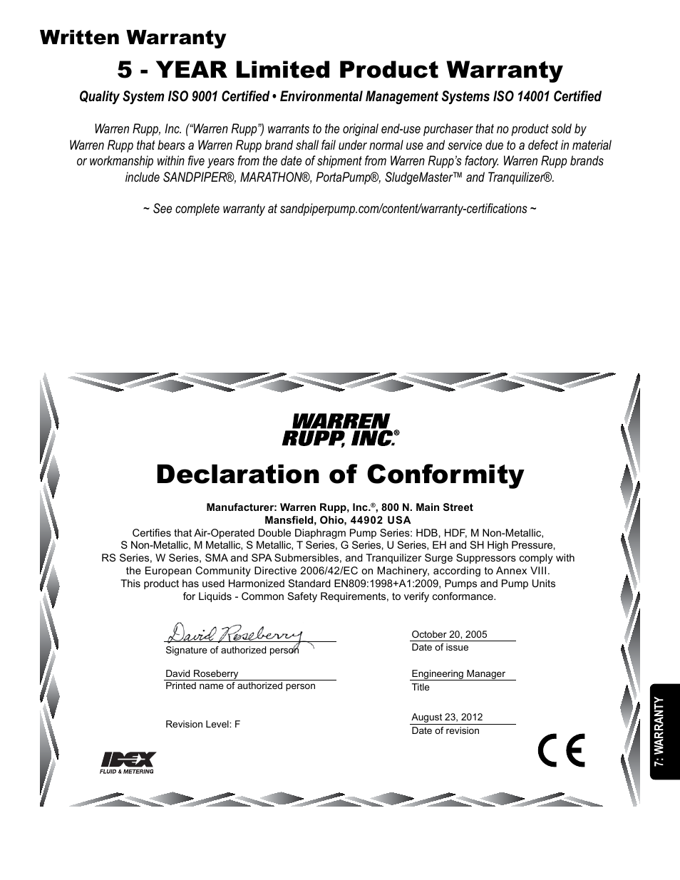 Declaration of conformity, 5 - year limited product warranty, Written warranty | SANDPIPER S15 Metallic User Manual | Page 23 / 24